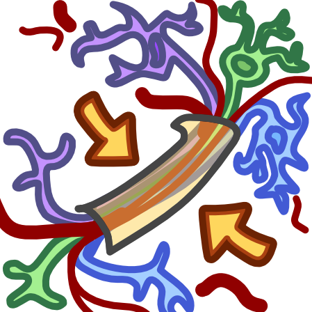3 neurons, one purple, another green, the last blue, travel diagonally across the image, their dendrites and axon terminals branching out, with their axons traveling through a translucent yellow tube. Red lines of various thicknesses representing veins and arteries travel along with them. On either side of the tube are yellow arrows pointing at it. The image has dark line art.